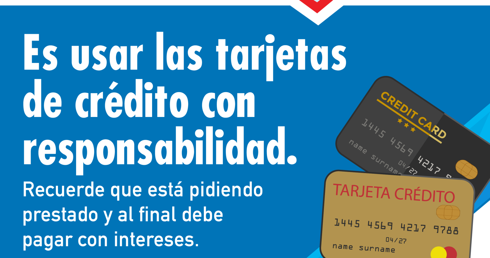 Primera parte: fondo celeste flecha roja hacia la derecha con billetes, monedas y tarjeta y la palabra Educación Financiera. Segunda parte: fondo azul texto en blanco con el siguiente consejo: es usar las tarjetas de crédito con responsabilidad. Recuerde que está pidiendo prestado y al final debe pagar con intereses. Tercera parte: ilustración de dos tarjetas de crédito.