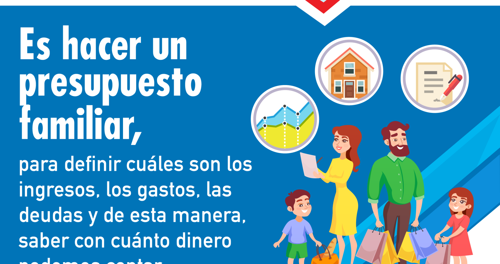 Primera parte: fondo celeste flecha roja hacia la derecha con billetes, monedas y tarjeta y la palabra Educación Financiera. Segunda parte: fondo azul texto en blanco con el siguiente consejo: es hacer un presupuesto familiar, para definir cuáles son los ingresos, los gastos, las deudas y de esta manera saber con cuánto dinero podemos contar. Tercera parte: ilustración de una familia con un niño y una niña y sobre esta, tres círculos: uno con un dibujo de un gráfico, otro con una casa, otro con una lista y un lapicero.