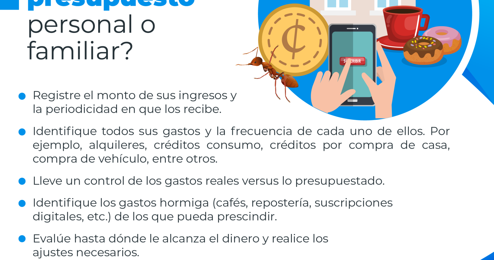 Una casa, un celular, una hormiga cargando una moneda, una tasa de café y dos donas, con el siguiente consejo financiero: ¿Cómo hacer un presupuesto personal o familiar?. Registre el monto de sus ingresos y la periodicidad en que los recibe. Identifique todos sus gastos y la frecuencia de cada uno de ellos. Por ejemplo, alquileres, créditos consumo, créditos por compra de casa, compra de vehículo, entre otros. Lleve un control de los gastos reales y lo presupuestado. Identifique los gastos hormiga (cafés, repostería, suscripciones digitales, etc.) de los que pueda prescindir. Evalúe hasta dónde le alcanza el dinero y realice los ajustes necesarios. Trate en la medida de lo posible de destinar un monto o porcentaje mensual de su salario o ingresos para el ahorro.
