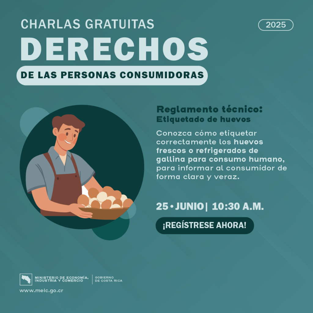 Publicidad para la charla del reglamento técnico de etiquetado de huevos. Un hombre con una canasta de huevos
