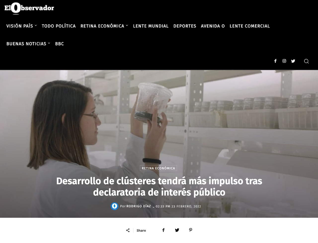 Publicación del medio de comunicación El Observador sobre la noticia: Gobierno declara de interés público el Programa Nacional de Clústeres