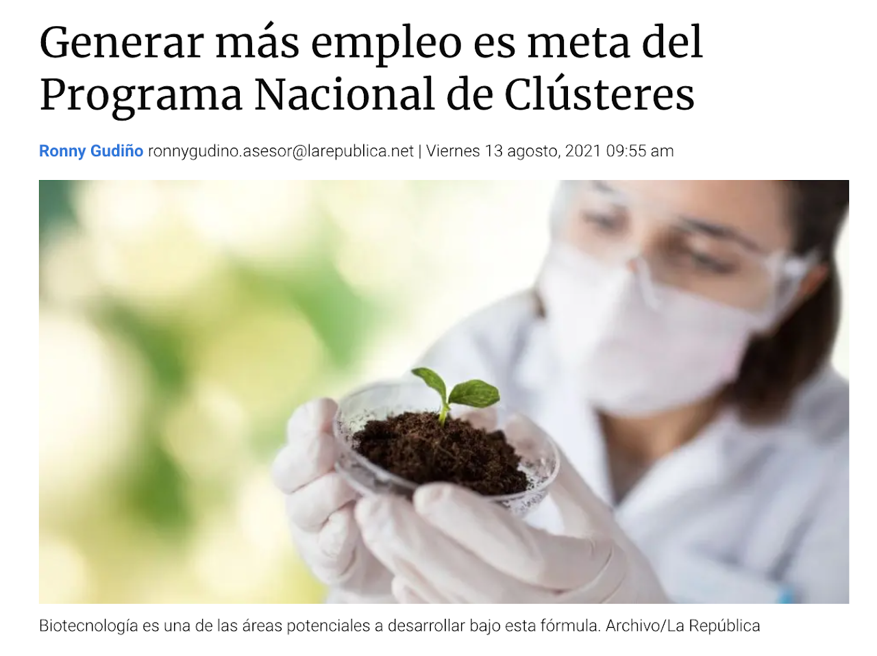 Publicación del medio de comunicación La República sobre la noticia sobre el Programa Nacional de Clústeres