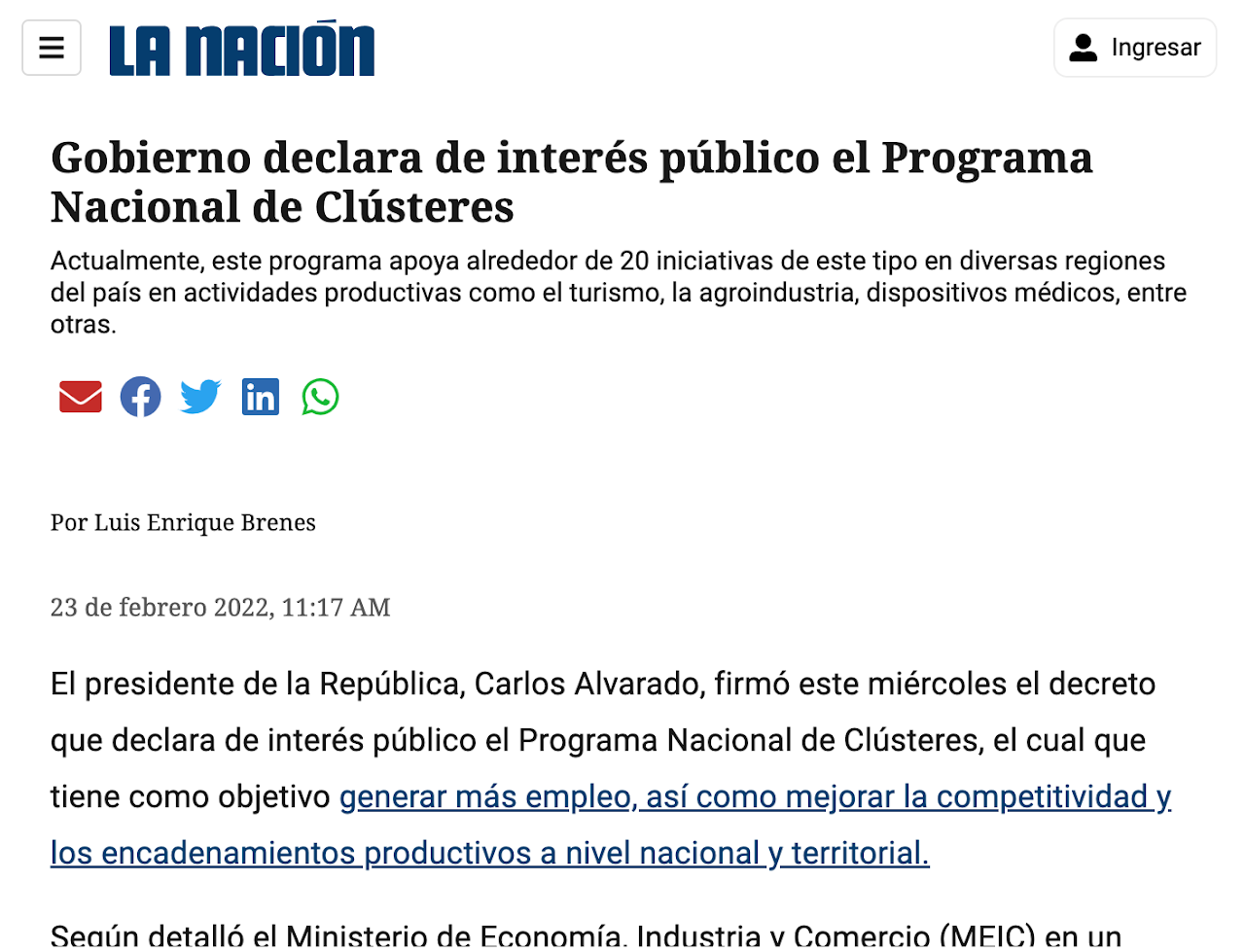 Publicación del periódico La Nación sobre la noticia: Gobierno declara de interés público el Programa Nacional de Clústeres