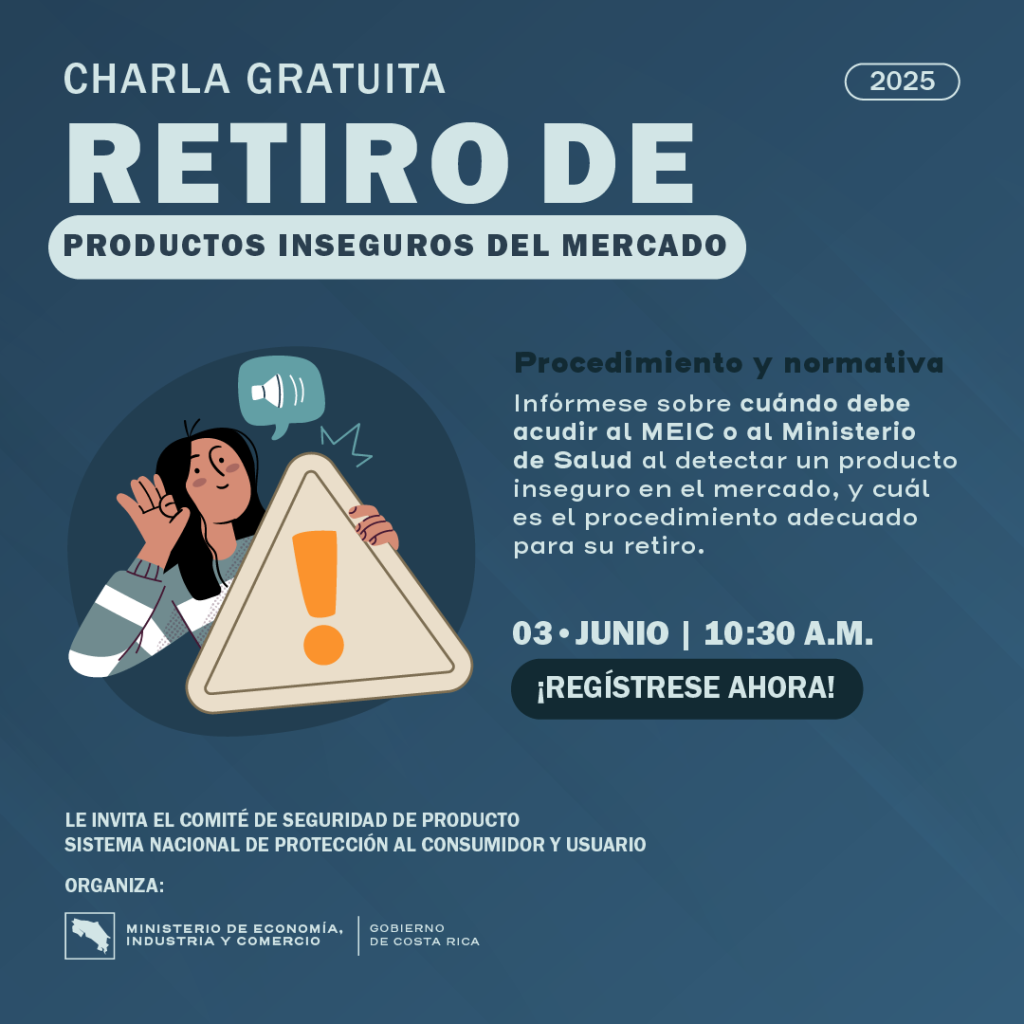 Publicidad de la Charla Virtual: Retiro de productos inseguros del mercado.